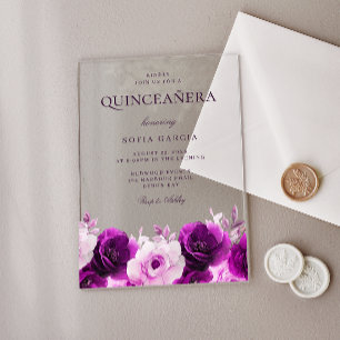 Invitaciones Acrílicas Floral Quinceanera de Rosas violetas púrpura