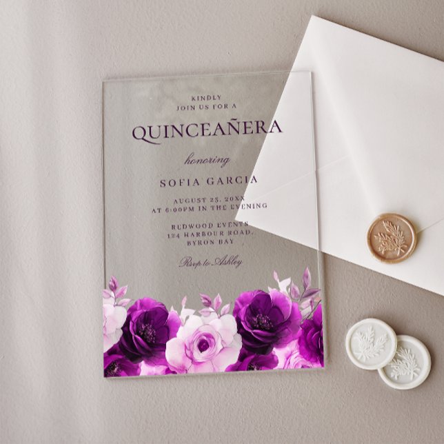 Invitaciones Acrílicas Floral Quinceanera de Rosas violetas púrpura (Subido por el creador)
