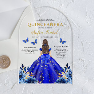 Invitaciones Acrílicas Floral Real Azul Mariposa Princesa Quinceañera