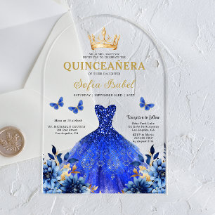 Invitaciones Acrílicas Floral Real Azul Mariposa Princesa Quinceañera