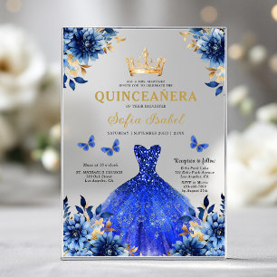 Invitaciones Acrílicas Floral Real Azul Mariposa Princesa Quinceañera