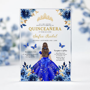 Invitaciones Acrílicas Floral Real Azul Mariposa Princesa Quinceañera
