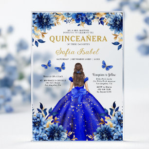 Invitaciones Acrílicas Floral Real Azul Mariposa Princesa Quinceañera