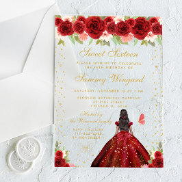 Invitaciones Acrílicas Floral roja de piel oscura Princesa Dulce Dieciséi