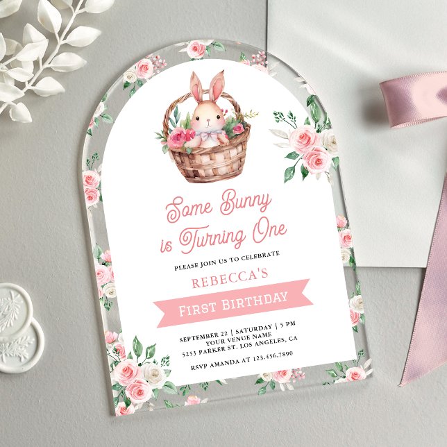 Invitaciones Acrílicas Floral rosa Algunos conejitos se cumplen un primer (Subido por el creador)