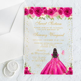 Invitaciones Acrílicas Floral rosa caliente Piel oscura Princesa Dulce Di