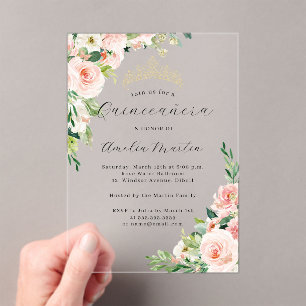 Invitaciones Acrílicas Floral Rosa Claro Quinceañera Acrílico