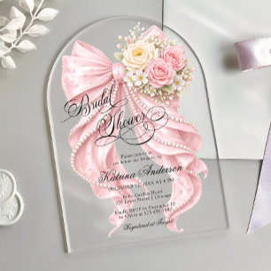Invitaciones Acrílicas Floral Rosa Lazo Elegante Despedida de Soltera