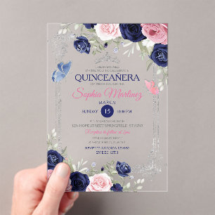Invitaciones Acrílicas Floral rosa Mariposa Azul Plata Quinceañera
