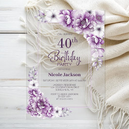 Invitaciones Acrílicas Floral rosa moderna 40. Fiesta de cumpleaños