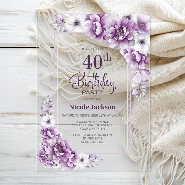Invitaciones Acrílicas Floral rosa moderna 40. Fiesta de cumpleaños (Subido por el creador)