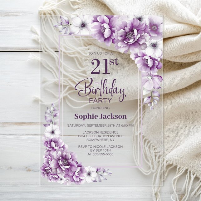 Invitaciones Acrílicas Floral rosa moderna Fiesta de cumpleaños número 21 (Subido por el creador)