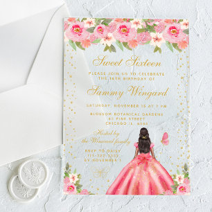 Invitaciones Acrílicas Floral rosa piel oscura Princesa Dulce Dieciséis