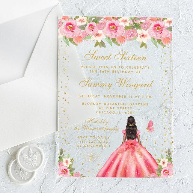 Invitaciones Acrílicas Floral rosa piel oscura Princesa Dulce Dieciséis (Subido por el creador)