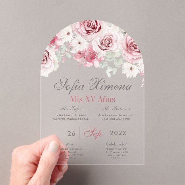 Invitaciones Acrílicas Floral rosa Quinceañera Español (Insitu (portátil))