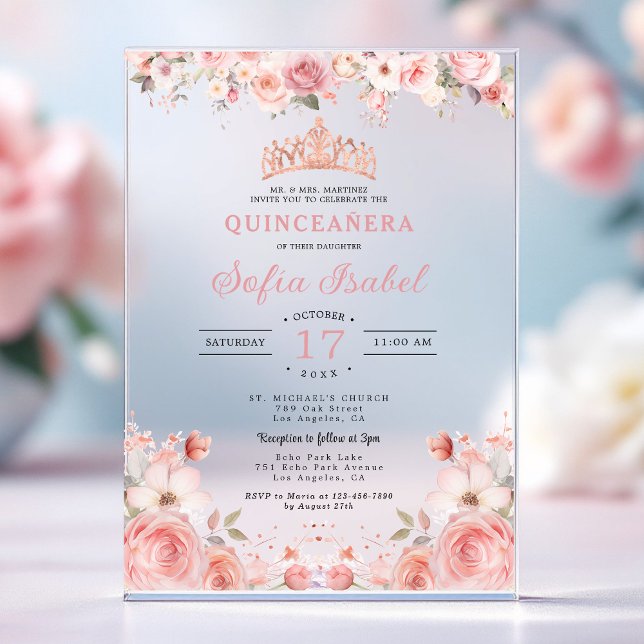 Invitaciones Acrílicas Floral rosa rosa Quinceañera Rubor (Subido por el creador)