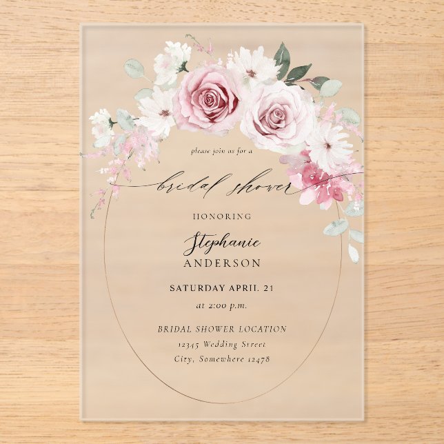 Invitaciones Acrílicas Floral rosa Rubor 2 ducha de novia (Anverso)
