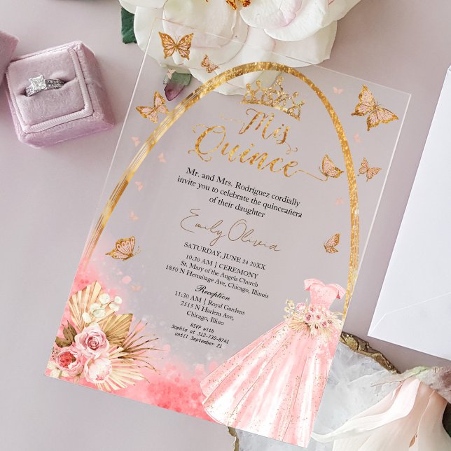 Invitaciones Acrílicas Floral Rosa Rubor Gown Quinceanera (Subido por el creador)