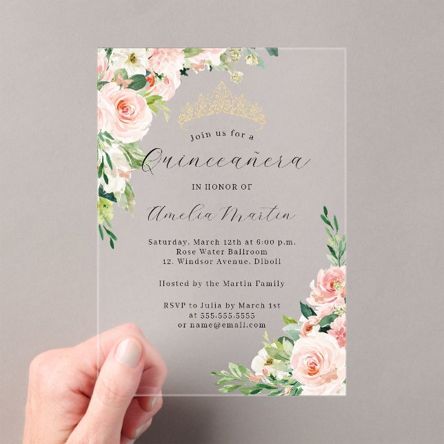 Invitaciones Acrílicas Floral rosa transparente acrílico floral Quinceane (Insitu (portátil))