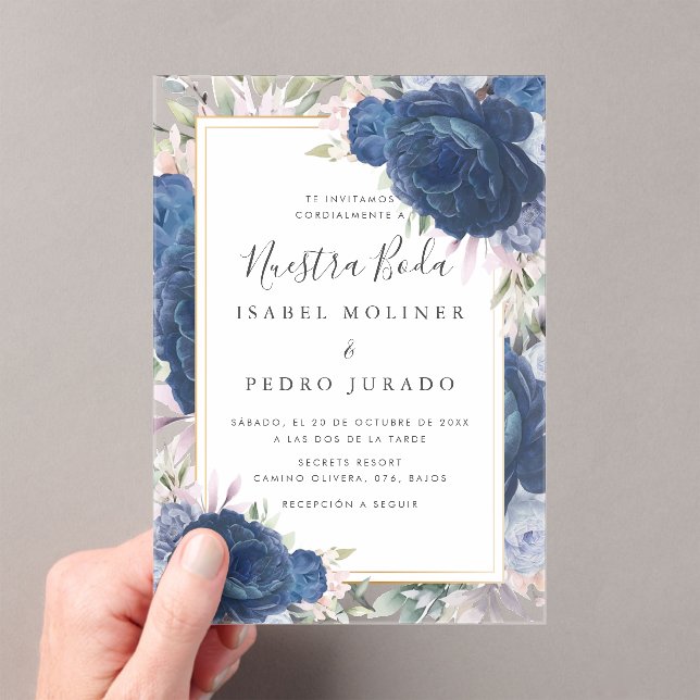 Invitaciones Acrílicas Floral Rosas azules Nuestra Boda Boda española (Insitu (portátil))