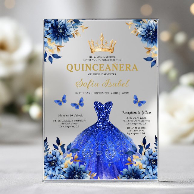 Invitaciones Acrílicas Floral Royal Blue Butterfly Princess Quinceanera (Subido por el creador)
