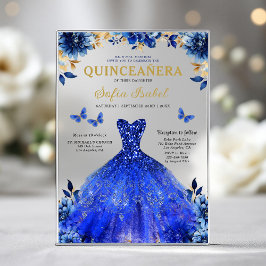 Invitaciones Acrílicas Floral Royal Blue Butterfly Princess Quinceanera
