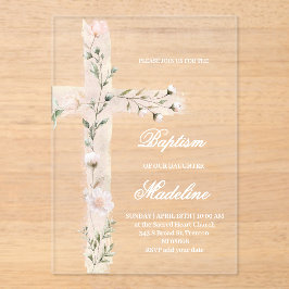 Invitaciones Acrílicas floral Santa Cruz Baptismo