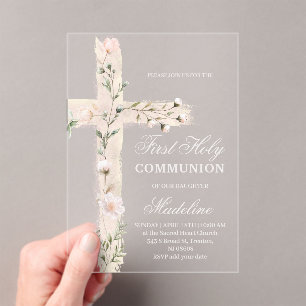 Invitaciones Acrílicas floral Santa Cruz Primera Comunión