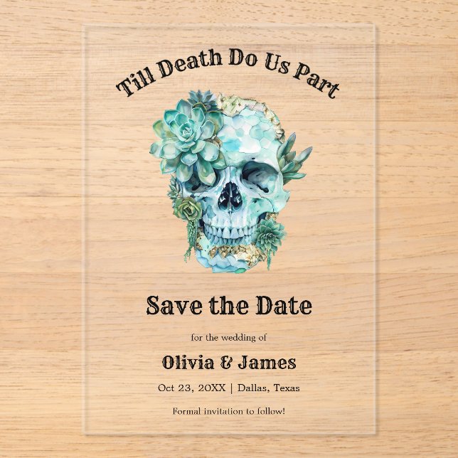 Invitaciones Acrílicas Floral Skull Halloween Wedding Save the Date (Anverso)