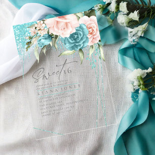 Invitaciones Acrílicas Floral Sparkles Sweet Sixteen Teal ID912