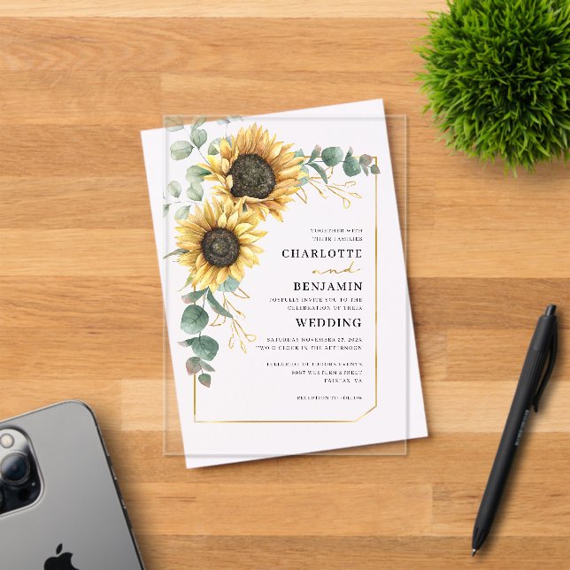 Invitaciones Acrílicas Floral Sunflower Elegante Boda (Insitu (Tarjeta de Invitación))