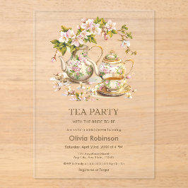 Invitaciones Acrílicas Floral Teapot Tea Fiesta Bridal Shower