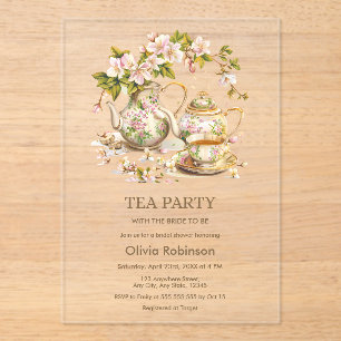 Invitaciones Acrílicas Floral Teapot Tea Fiesta Bridal Shower