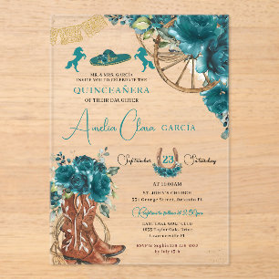 Invitaciones Acrílicas Floral verde azul verde azulado Charro Occidental 