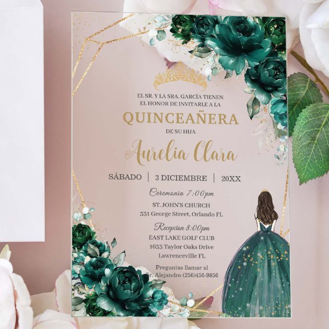 Invitaciones Acrílicas Floral verde esmeralda Princesa Dorada Quinceañera (emerald green floral gold Quinceañera princess dress hispanic spanish girl birthday acrylic invite)