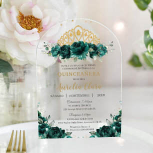 Invitaciones Acrílicas Floral verde esmeralda Quinceanera Princesa Corona