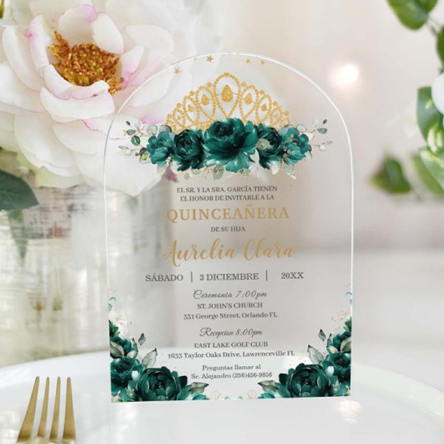 Invitaciones Acrílicas Floral verde esmeralda Quinceanera Princesa Corona (Subido por el creador)