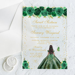 Invitaciones Acrílicas Floral verde piel oscura Princesa Dulce Dieciséis