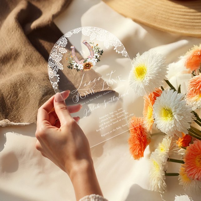 Invitaciones Acrílicas Floral Western Horseshoe Photo Arch Baby Shower (Floral Western Horseshoe Photo Arch Baby Shower Acrylic Invitations)