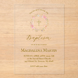 Invitaciones Acrílicas floral wreath | Baptism