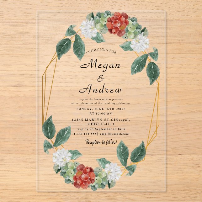 Invitaciones Acrílicas Floral Wreath & Geometric Frame Wedding Acrylic (Anverso)