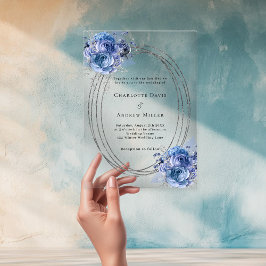 Invitaciones Acrílicas Florales azules marco de plata boda transparente