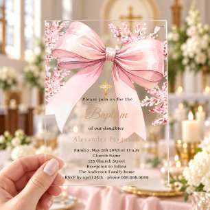 Invitaciones Acrílicas Florales de lazo rosa niña claro Bautismo de lujo