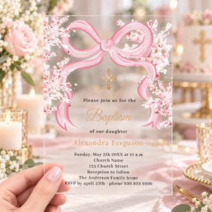 Invitaciones Acrílicas Florales de lazo rosa niña claro Bautizo