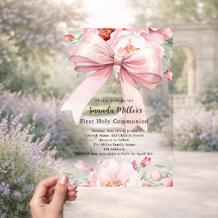 Invitaciones Acrílicas Florales de lazo rosa niña Primera Comunión claro
