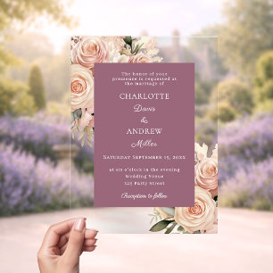 Invitaciones Acrílicas Florales de lujo de rosa polvorienta marfil malva