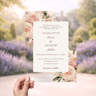 Invitaciones Acrílicas Florales de lujo rosa polvoriento marfil boda