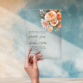 Invitaciones Acrílicas Florales naranja melocotón rosa boda transparente