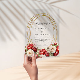 Invitaciones Acrílicas Florales rojas marco dorado boda transparente