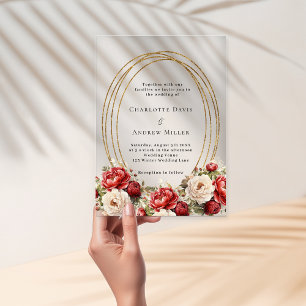 Invitaciones Acrílicas Florales rojas marco dorado boda transparente